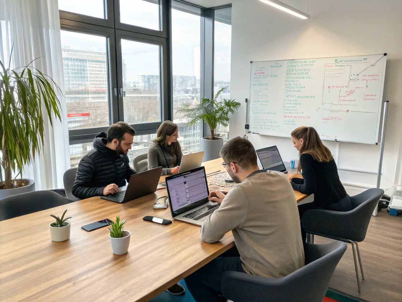 A team of software developers collaborating on a complex coding project, showcasing their expertise and attention to detail in creating custom software solutions.