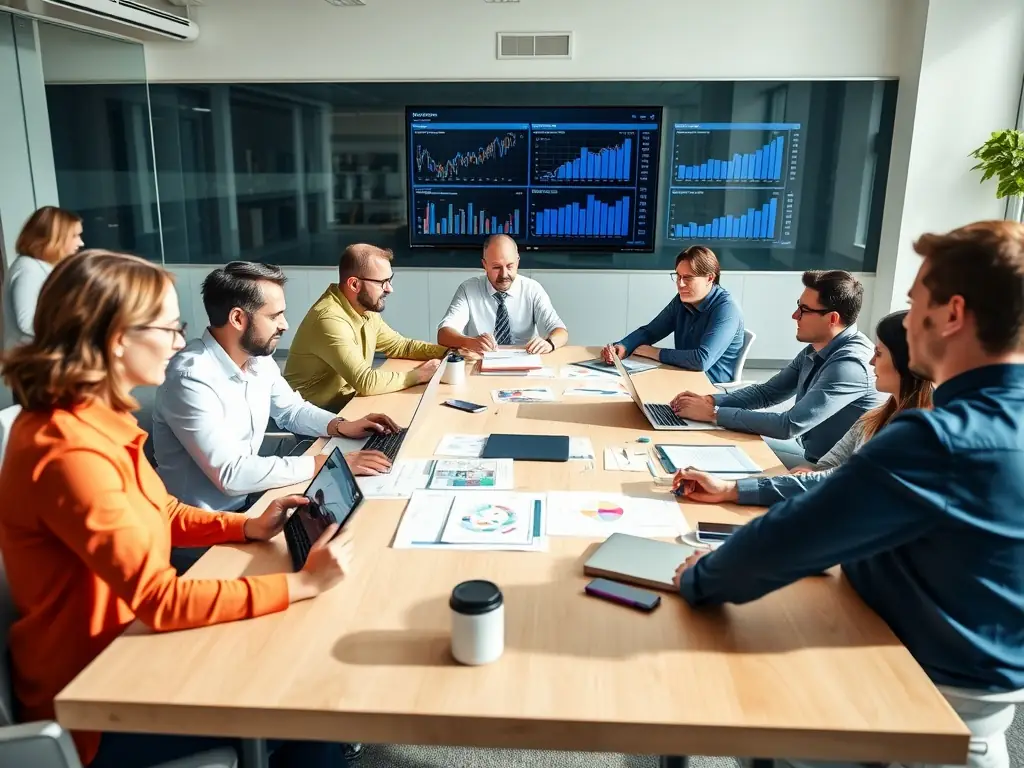 A digital marketing team analyzing data and strategizing to optimize online campaigns, demonstrating their commitment to driving traffic and conversions for clients.